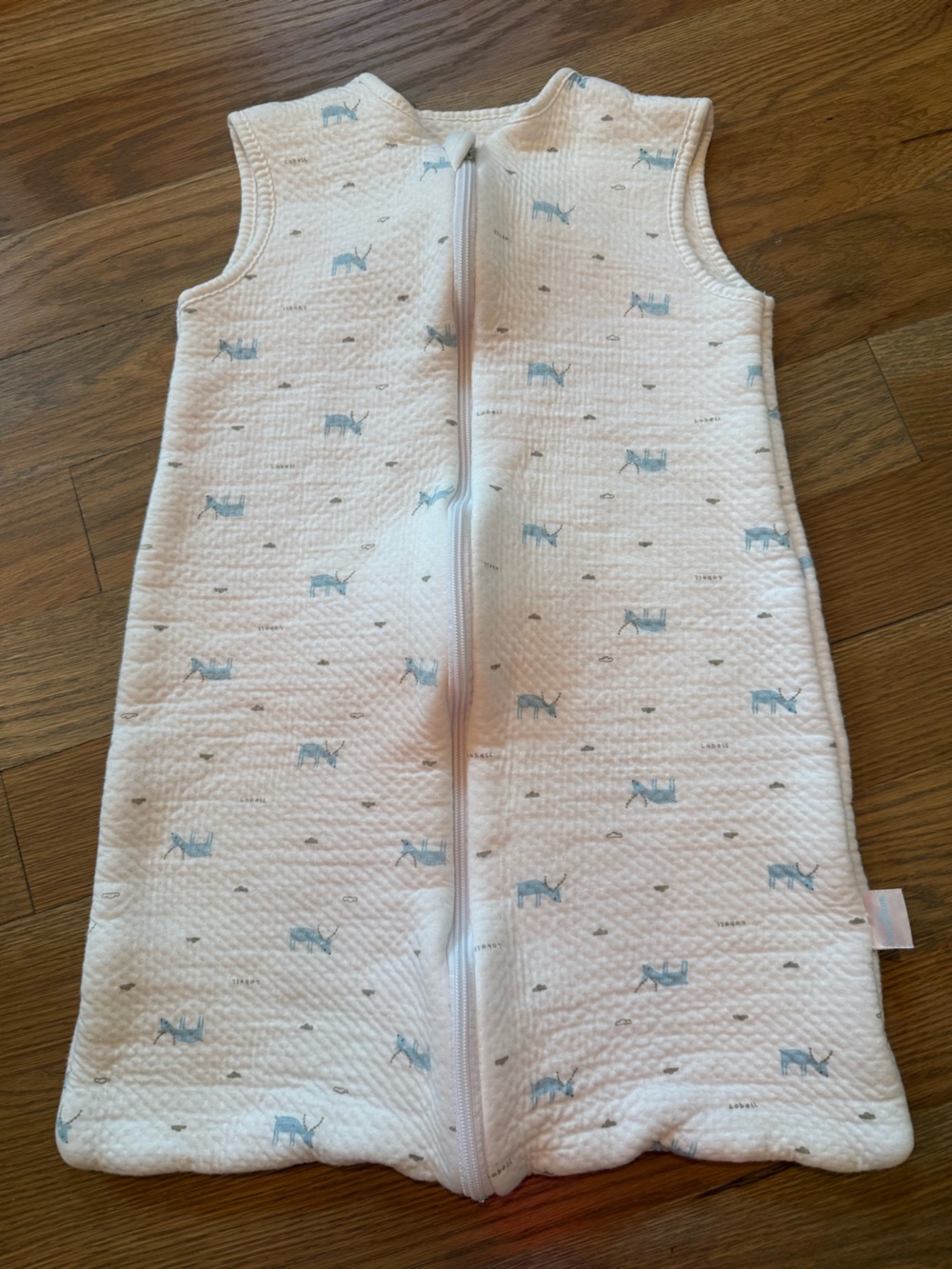 Sleeveless White Quilted Sleep Sack with Blue Elephant Print